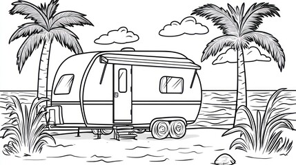 Tropical beach camper van illustration, ocean view, coloring page