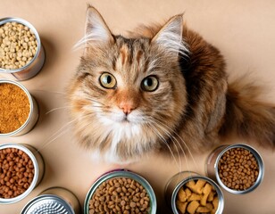 adorable fluffy cat surrounded by assorted cat food cans and bags concept of pet nutrition feline diet variety domestic cat feeding time top view