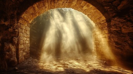 Sunbeams illuminating ancient stone archway.