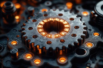 Close-up shot of a metal gear with bright orange lights, suitable for technology or engineering-related projects