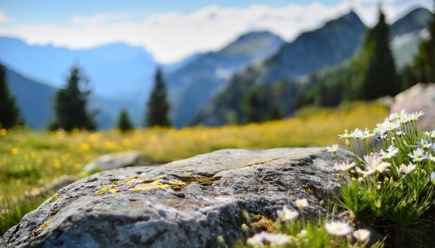 ground level angle view close up surface of rough granite with a floral inspired alpine meadow background blurred edelweiss and mountain pines copy space ad promo template fresh floral tones