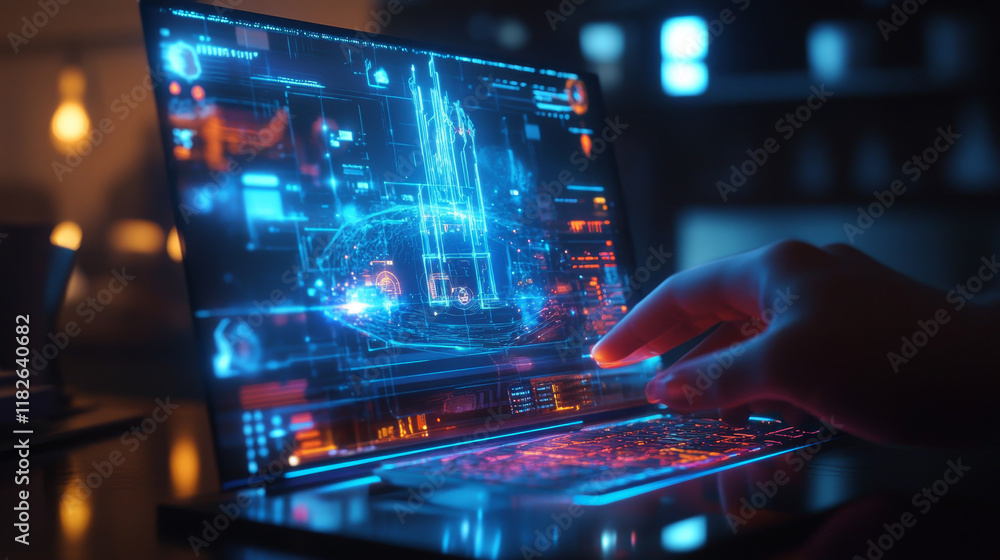 Poster hologram computer. holographic projection desktop computer. flickering energy flux of particles. sci