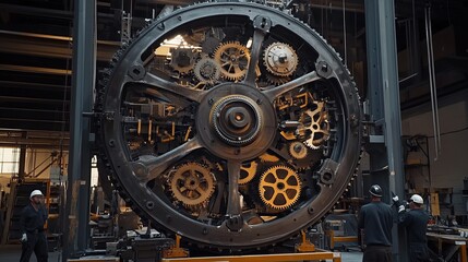 Obraz premium A giant clockwork gear mechanism being assembled by engineers.