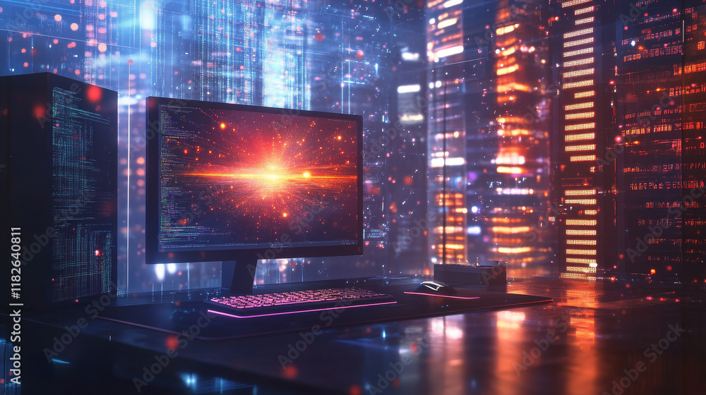 Poster hologram computer. holographic projection desktop computer. flickering energy flux of particles. sci