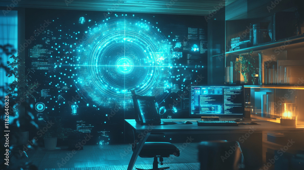 Poster hologram computer. holographic projection desktop computer. flickering energy flux of particles. sci