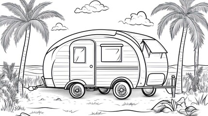 Tropical beach camper van sketch, ocean view, coloring page