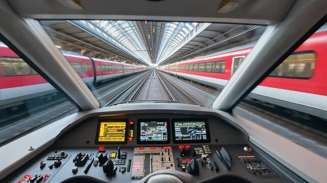Train driver point of view passing other convoys in tunnel
