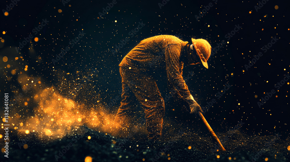Poster the laborer digging consists of particles. a laborer digging work. vector illustration.