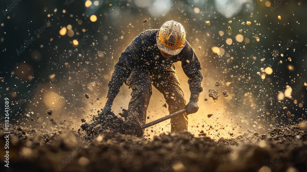 Poster the laborer digging consists of particles. a laborer digging work. vector illustration.