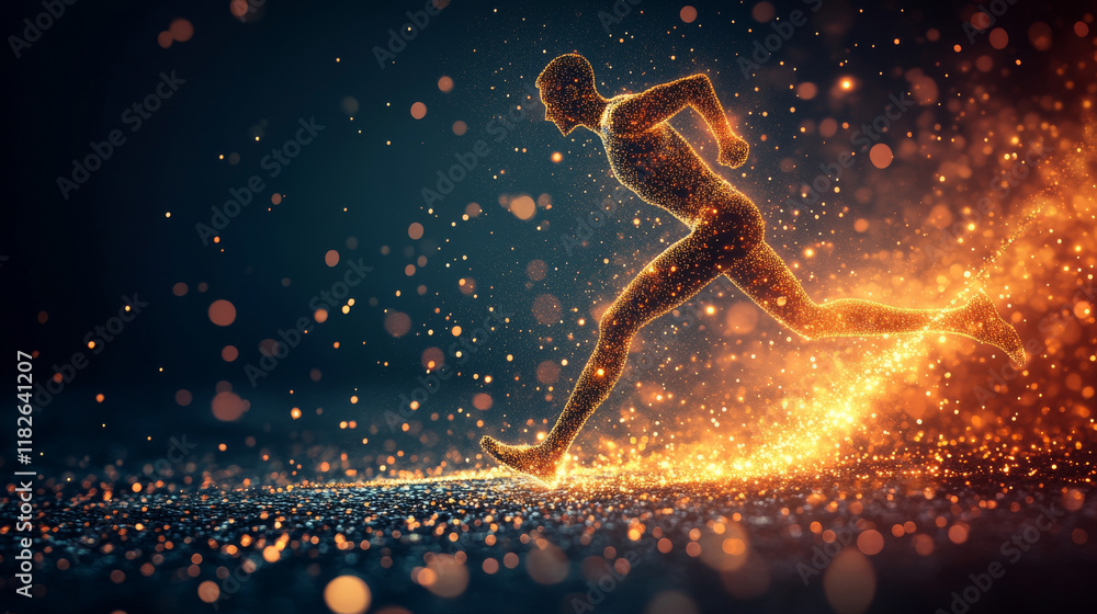 Poster runner consists of points. particles in the form of a runner on a dark background. vector illustrati