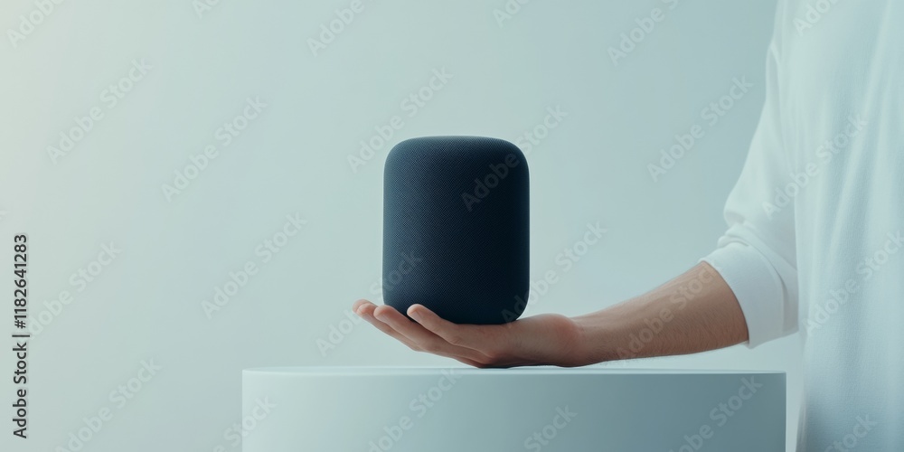 Aufkleber futuristic ai interaction korean man with smart speaker in modern kitchen setting