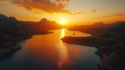 Breathtaking mediterranean sunset over rocky coastline with glowing sky