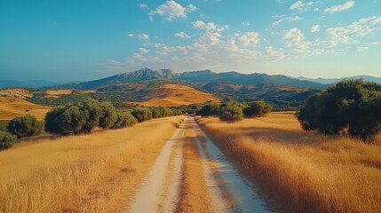 Sunny rural landscape with dirt road and distant mountains under blue sky