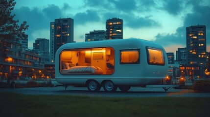 Cozy caravan illuminated at dusk near urban skyline.