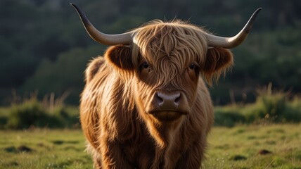 Highland cow in a field.