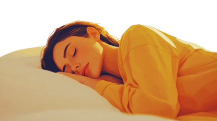 Beautiful woman sleeping peacefully in a cozy bed environment isolated on white background