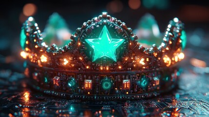 Fototapeta premium Futuristic crown with glowing star and intricate design.
