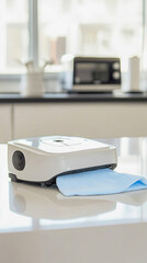 Modern robot mop cleaning a white table in a kitchen
