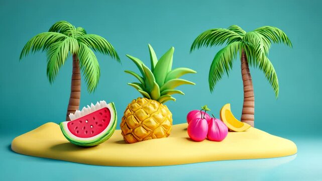 Tropical Beach Paradise Illustration with Palm Trees and Ocean Landscape in Summer Vacation Theme
