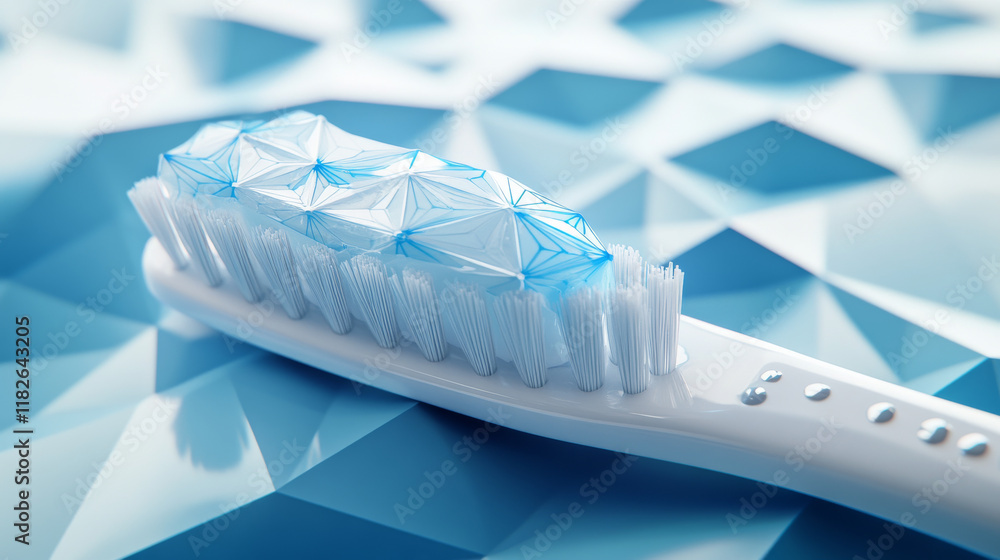 Poster hologram teeth cleaning. a toothpaste and brush made of polygons, triangles of dots and lines. brush