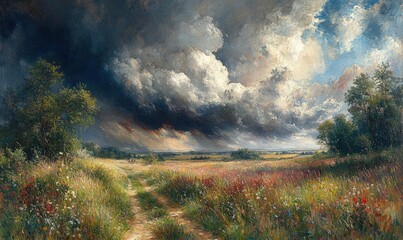 Naklejka premium Stormy sky over a wildflower path.