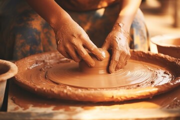 Potter shaping clay pot on pottery wheel, using traditional techniques