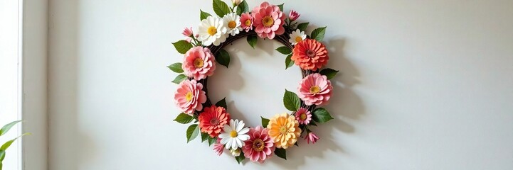 floral wreath with fresh flowers hung on the wall, flowers, wall decor
