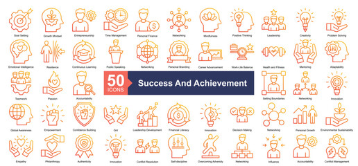 Success and Achievement Icon Collection Set.Containing goal setting, growth mindset, entrepreneurship, time management, personal finance icon. Simple outline gradient style Vector Illustration.