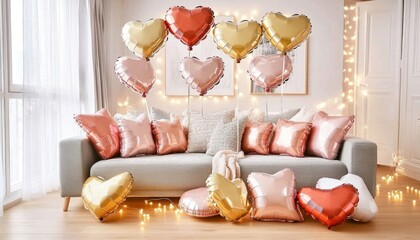 Heart shaped balloons and cushions decorating living room for valentine's day