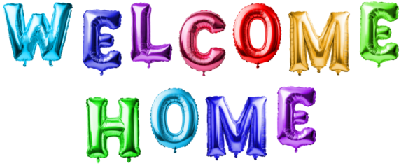 Inscription from multi-colored balloons Welcome home with transparent background