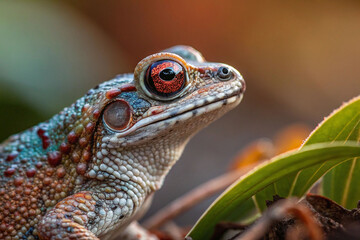 Obraz premium Close-up of a vibrant, colorful frog with red eyes amidst green foliage.