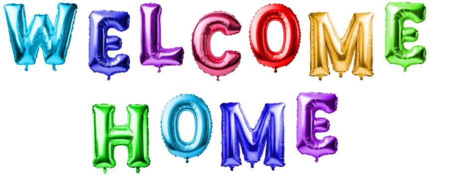 Inscription from multi-colored balloons Welcome home with transparent background
