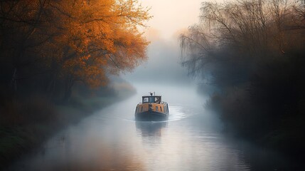 Misty autumn canal with a small tugboat sailing through colorful foliage.
