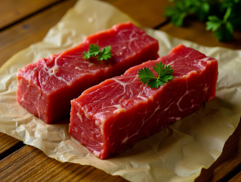 Two pieces of raw meat on a piece of paper with parsley on top