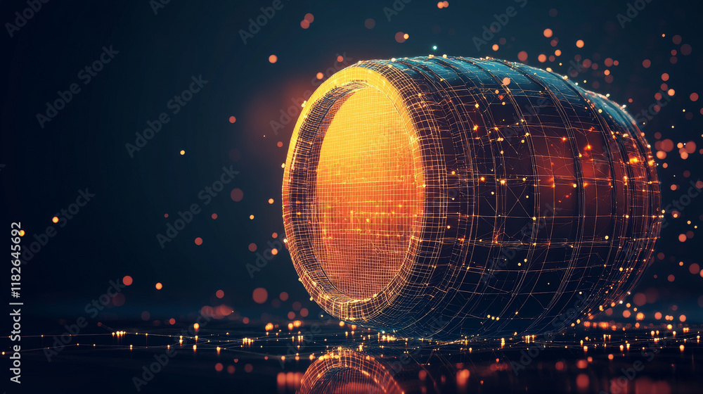 Poster a hologram of a beer barrel. a barrel of beer made of polygons, triangles of dots and lines. the bar