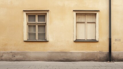 Obraz premium Two old windows on a pale yellow building's wall.