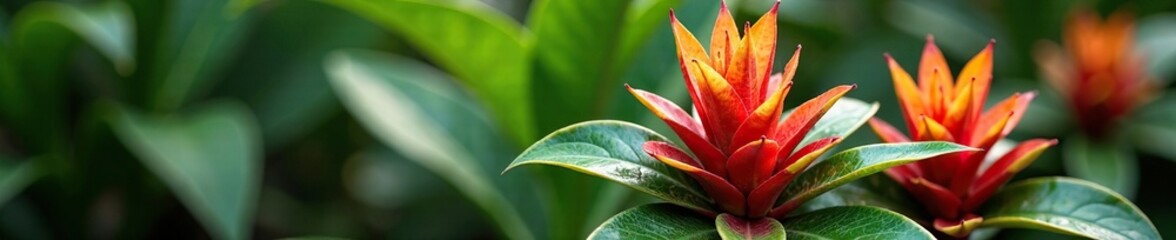 Multicolored leaves and flowers on a Neoregelia bromeliad plant in garden, bromeliads, flowers, tropical