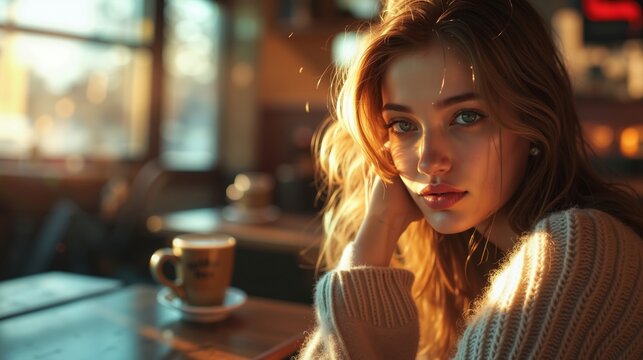 A woman sitting at a table with a cup of coffee