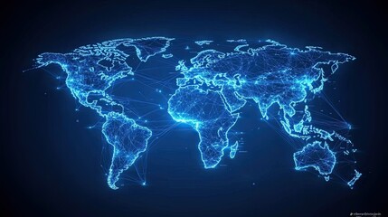Abstract global network concept with a world map and glowing connection lines on a dark blue background