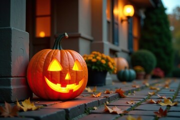 Obraz premium Pumpkin lantern on the porch, a welcoming sight, fall, autumn, decoration