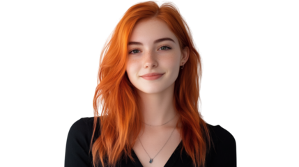 Beautiful young woman with copper glowing colored hair isolated on white background