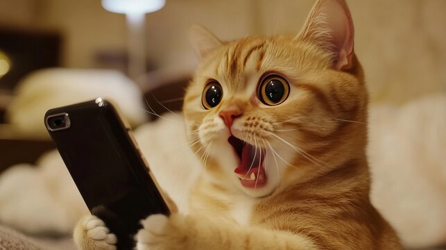 Surprised cat with phone displaying wide-eyed expression indoors