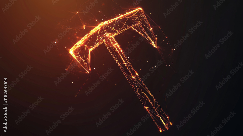 Poster hologram pickaxe. a pickaxe of polygons, triangles of points and lines. pickaxe icon is a low-poly c