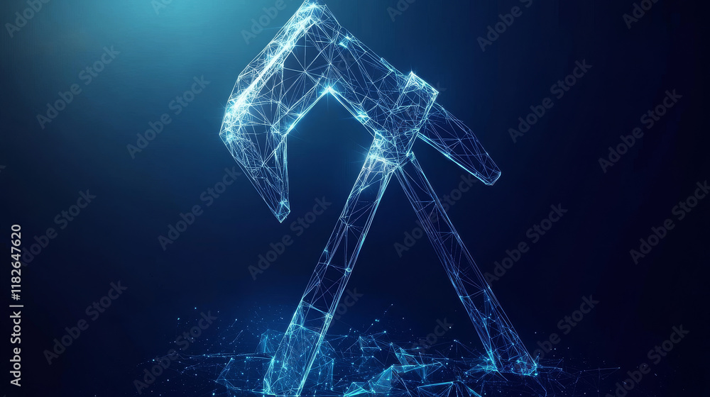 Poster hologram pickaxe. a pickaxe of polygons, triangles of points and lines. pickaxe icon is a low-poly c