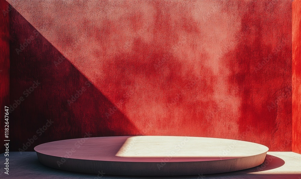 Poster large red wall with a circular platform in the center. the platform is empty and the wall is illumin