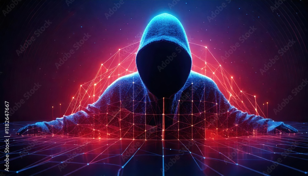 Poster a representation of cybersecurity risks posed by hackers in the digital landscape.