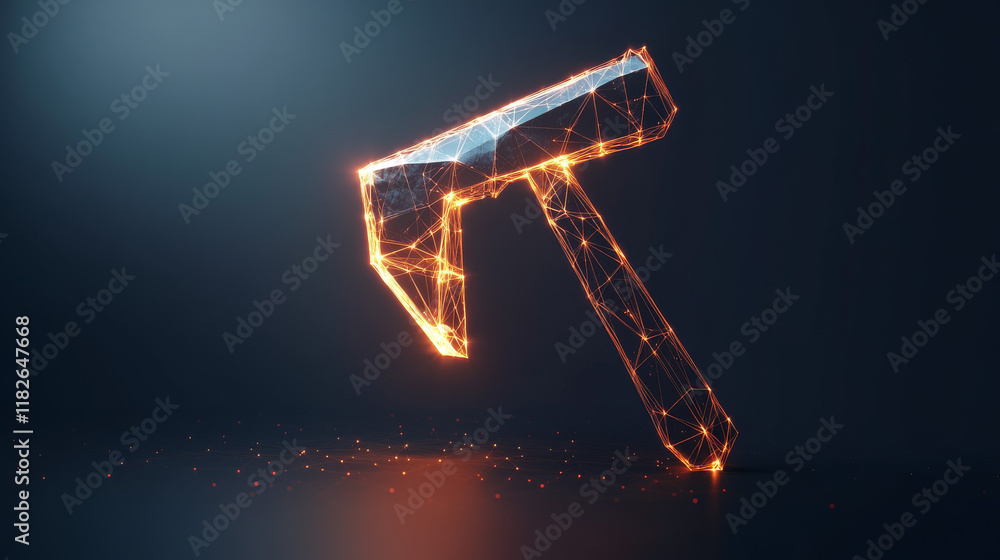 Poster hologram pickaxe. a pickaxe of polygons, triangles of points and lines. pickaxe icon is a low-poly c