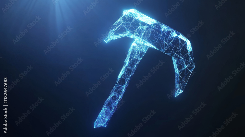 Poster hologram pickaxe. a pickaxe of polygons, triangles of points and lines. pickaxe icon is a low-poly c