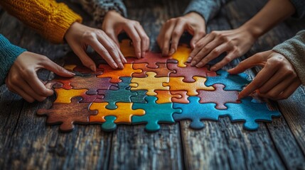 Diverse hands completing colorful jigsaw puzzle on wooden table