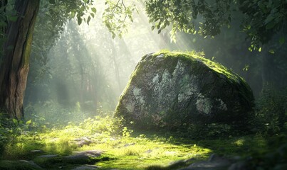 Moss-covered stone in a lush green forest with sunlight filtering through trees